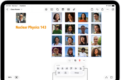 A Freeform board filled with a grid of photos. Several photos are selected, and the alignment and grouping tools appear below them.
