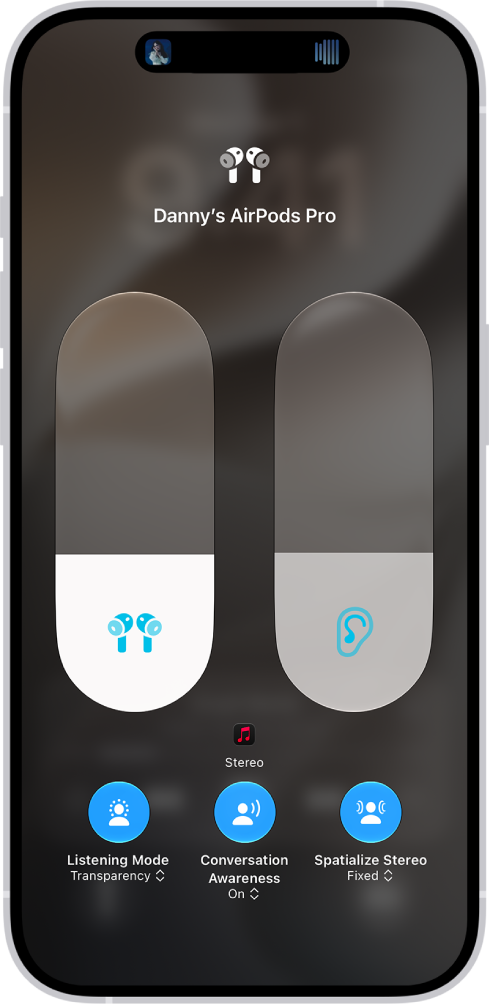 The volume screen in Control Center showing the volume level for AirPods Pro. On the right is the Spatial Audio/Head Tracked icon, indicating that Spatial Audio and head tracking are fixed.