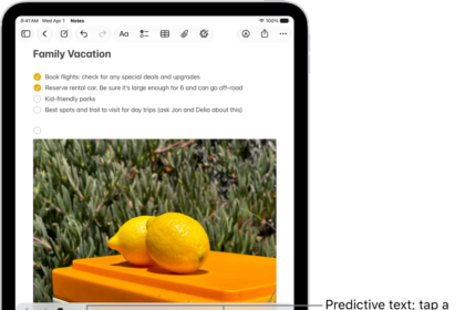 The onscreen keyboard is open in the Notes app. Text is entered in the text field and above the keyboard are predictive text suggestions for the next word.