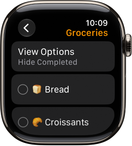 The Reminders app showing a grocery list.