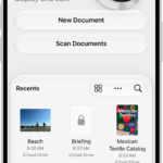 The main screen of the Preview app. The New Document and Scan Documents buttons are in the middle of the screen. At the bottom of the screen are the Recents, Shared, and Browse tabs.