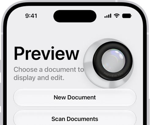 The main screen of the Preview app. The New Document and Scan Documents buttons are in the middle of the screen. At the bottom of the screen are the Recents, Shared, and Browse tabs.