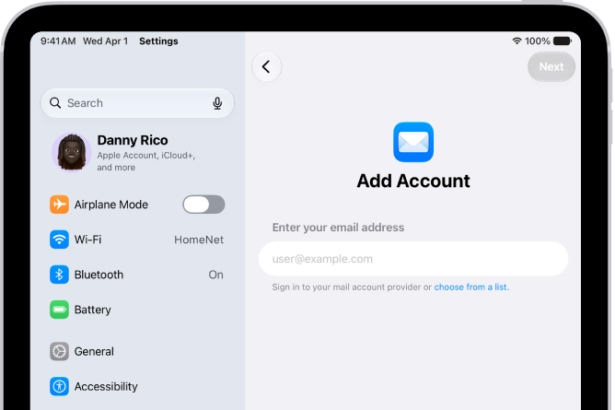 The Add Account screen showing a field to enter your email address.