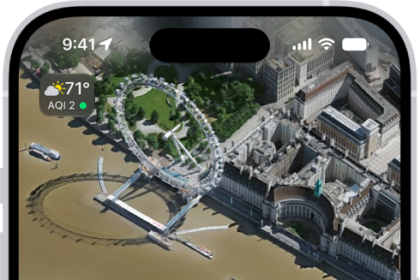 A 3D map in the Maps app, showing details of a city.