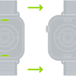 Two images of Apple Watch. The image on the left shows the band release button. The image on the right shows a watch band partially inserted into the band slot.