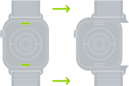 Two images of Apple Watch. The image on the left shows the band release button. The image on the right shows a watch band partially inserted into the band slot.