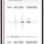 A calendar event showing settings for the time and time zone of the event.