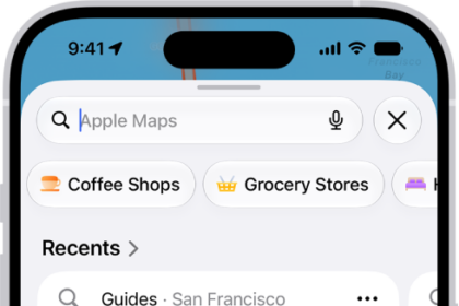 The Maps app showing the search field, categories for nearby services, and city guides. In the bottom part of the screen is the iPhone onscreen keyboard.