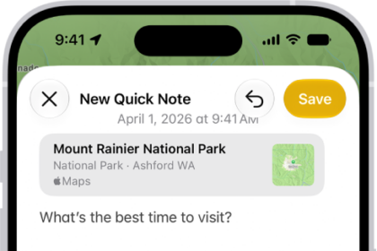 A Quick Note showing a link to a location in Maps and text underneath. The Save button is on the top left.
