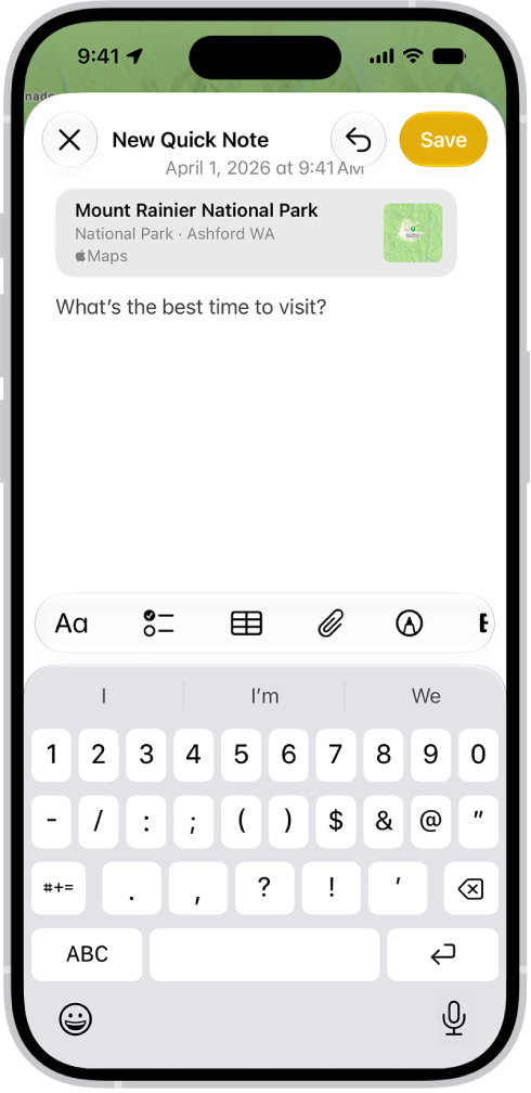 A Quick Note showing a link to a location in Maps and text underneath. The Save button is on the top left.