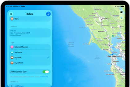 The Maps app showing the Details screen with options to set an address as home, work, or school.