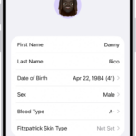 The Health Details screen, which includes fields for name, birth date, blood type, and other information.