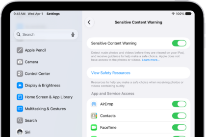 The settings for Sensitive Content Warning, with a button labeled View Safety Resources and a button labeled Improve Sensitive Content Warning for sharing analytics and usage data with Apple.
