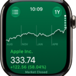 Information about a stock in the Stocks app. A large graph showing the stock's price over a year appears in the center.