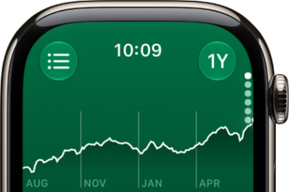 Information about a stock in the Stocks app. A large graph showing the stock's price over a year appears in the center.