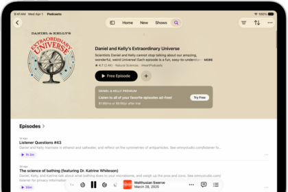 A show page in the Podcasts app showing two episodes with summaries of each and the MiniPlayer at the bottom.
