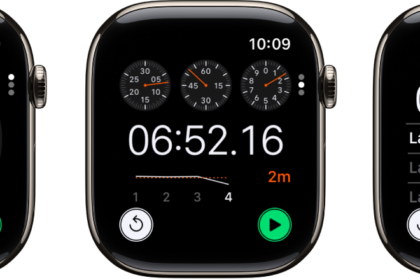 Three kinds of stopwatches in the Stopwatch app: An analog stopwatch, a hybrid stopwatch that shows time in both analog and digital forms, and a digital stopwatch with a lap counter. Each watch has start and reset buttons.