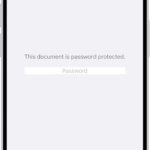 A locked PDF form showing a password field. At the bottom of the screen are the Markup, Info, and Share buttons.