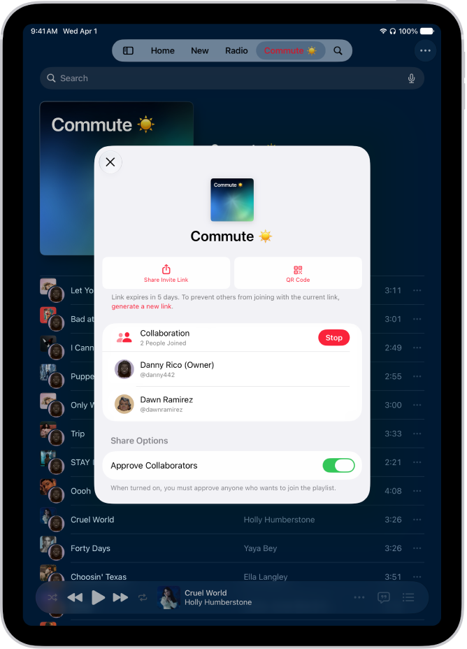 The Manage Collaboration screen in the Music app.