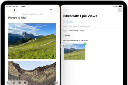 Working in multiple apps, which are open side-by-side at the same time. Notes is open on the left and an email is open on the right. A photograph from Notes is dragged into the email.
