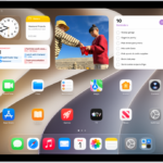 The Home Screen with the Dock showing six favorite apps on the left and three suggested apps to the right. The rightmost icon in the Dock opens App Library.