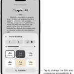 A page of a book in the Books app. The Themes & Settings options show controls for font size, scrolling view, page turn style, brightness, and font styles.