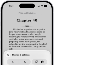 A page of a book in the Books app. The Themes & Settings options show controls for font size, scrolling view, page turn style, brightness, and font styles.