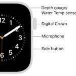 The front of Apple Watch SE 3, with the display showing the watch face, and the Digital Crown, microphone, and side button from top to bottom on the side of the watch.