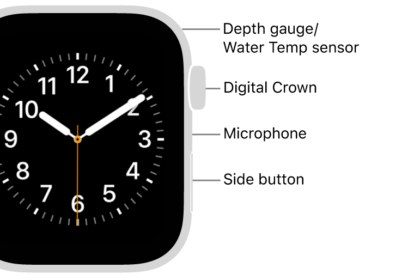 The front of Apple Watch SE 3, with the display showing the watch face, and the Digital Crown, microphone, and side button from top to bottom on the side of the watch.