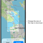 A map of a national park. The park is framed by a rectangle with handles, which can be moved to change the size of the map to download. The selected map's download size is indicated near the bottom of the map. The Cancel and Download buttons are at the bottom of the screen.