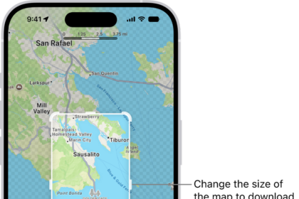 A map of a national park. The park is framed by a rectangle with handles, which can be moved to change the size of the map to download. The selected map's download size is indicated near the bottom of the map. The Cancel and Download buttons are at the bottom of the screen.