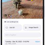 A photo is open in the Photos app. The bottom half of the screen shows photo information including, the date and time the photo was taken, the filename, and the iPhone model and camera settings.