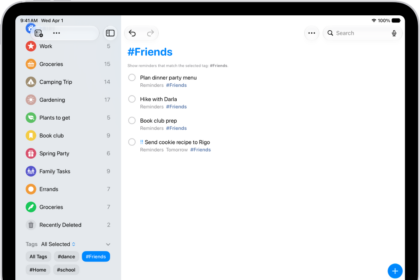The Reminders app, showing multiple lists and the Tag Browser on the left. On the right is a list of all items with tags.