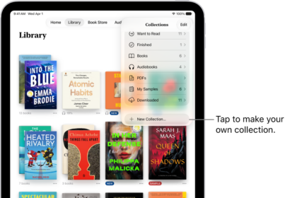 The Library screen in the Books app. At the top of the screen the Collections menu is open and shows options such as Audiobooks and PDFs.