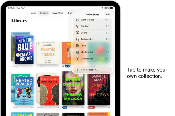 The Library screen in the Books app. At the top of the screen the Collections menu is open and shows options such as Audiobooks and PDFs.