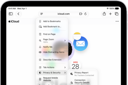 The Page Menu is open in Safari, and the Connection Security Details control is midway down the page.