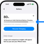 The charging information card in iPhone Battery settings. The card shows the battery at 80% with the message "Charging on Hold: Optimized Battery Charging." It is scheduled to finish by 12:41 PM, with an option to "Resume Charging."