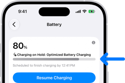 The charging information card in iPhone Battery settings. The card shows the battery at 80% with the message "Charging on Hold: Optimized Battery Charging." It is scheduled to finish by 12:41 PM, with an option to "Resume Charging."