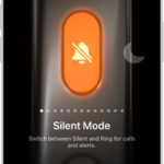 The screen for customizing the Action button. The Camera is the selected action. Other features appear to the right and left of the camera, including Do Not Disturb and Flashlight. Below the actions are dots you can tap to switch to another action. Below the selected action, Camera, is a menu of Camera options you can tap to assign to the Action button.