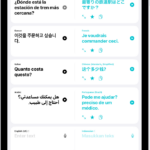 The Translate screen, showing phrases translated from English to Chinese, Japanese to Arabic, French to German, and English to Spanish. Along the top, from left to right, are the Show Sidebar, Translate, Camera, Conversation, Favorites, and More buttons.