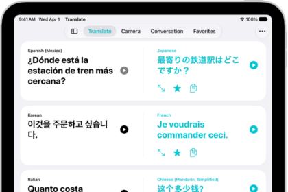 The Translate screen, showing phrases translated from English to Chinese, Japanese to Arabic, French to German, and English to Spanish. Along the top, from left to right, are the Show Sidebar, Translate, Camera, Conversation, Favorites, and More buttons.
