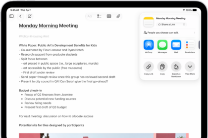 A note with an overlay showing sharing options.