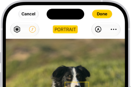 The Edit screen in the Photos app with a portrait in the center. Below the photo is a slider to adjust the Depth Adjustment setting. Below the slider, from left to right, are the Style, Portrait, Adjust, Filters, Crop, and Clean Up buttons. The Portrait button is selected.