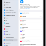 Location Services settings in Privacy & Security settings, with options for sharing the location of your iPad, including custom settings for individual apps.