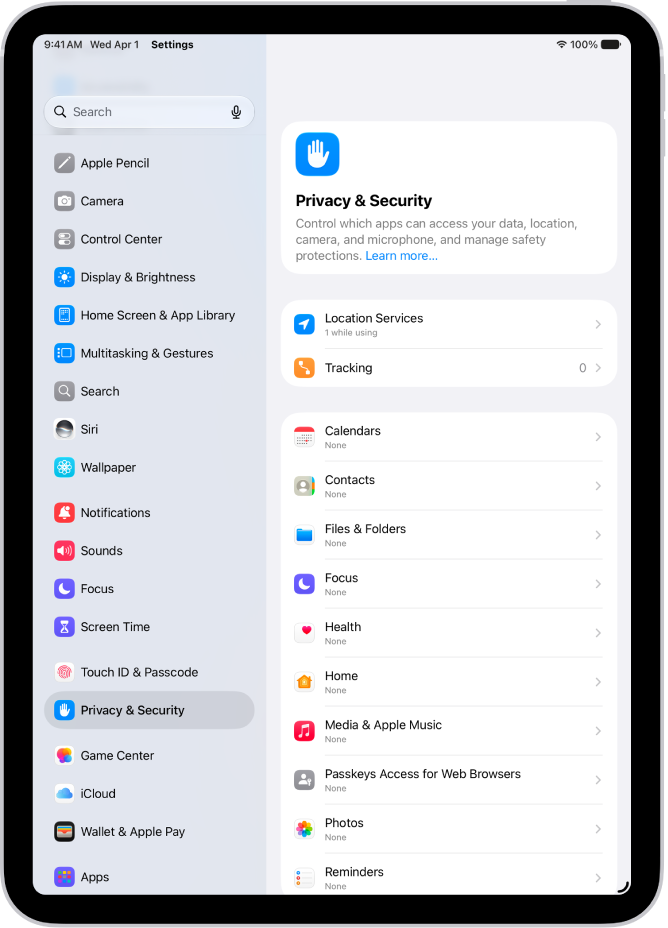 Location Services settings in Privacy & Security settings, with options for sharing the location of your iPad, including custom settings for individual apps.