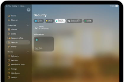 The Home app with the sidebar on the left. Security is highlighted. On the right, the Security category button is highlighted. Below are security accessories such as locks and garage doors.