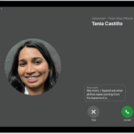 A call screen showing a Live Voicemail from a contact. Below the transcribed text are Stop and Accept buttons for the call.