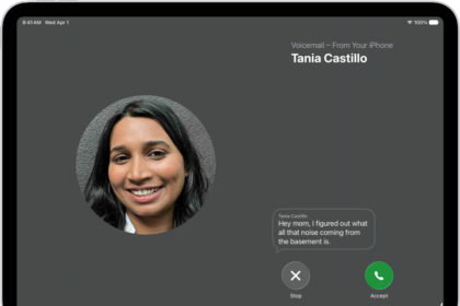 A call screen showing a Live Voicemail from a contact. Below the transcribed text are Stop and Accept buttons for the call.