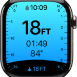 On an Apple Watch Series model, the Depth app showing the current depth, time underwater, water temperature, and the maximum depth of the dive. Markers along the left side indicate the depth in feet from 0 to 20. Markers along the right side indicate the depth in meters from 0 to 6.
