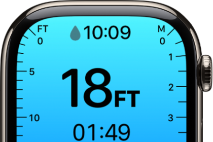 On an Apple Watch Series model, the Depth app showing the current depth, time underwater, water temperature, and the maximum depth of the dive. Markers along the left side indicate the depth in feet from 0 to 20. Markers along the right side indicate the depth in meters from 0 to 6.